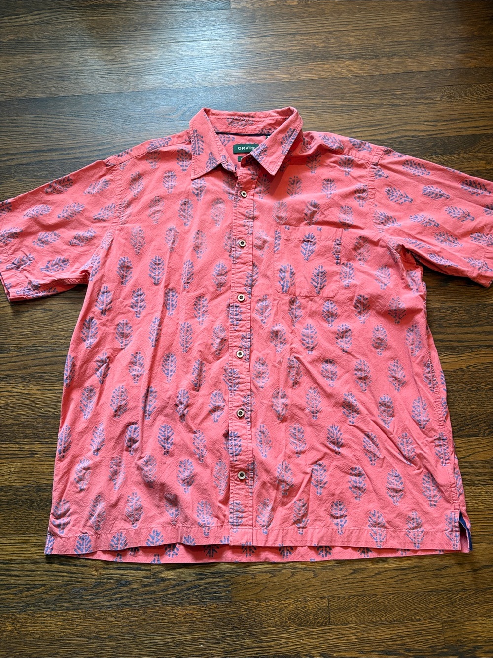 Orvis Coral Short-Sleeve Button-Down Shirt with Leaf Print